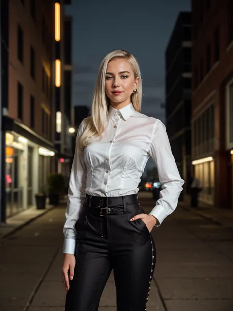 beautiful photograph of a smart looking office lady, solo, outdoors, standing against a midnight city skyline at, street light a...