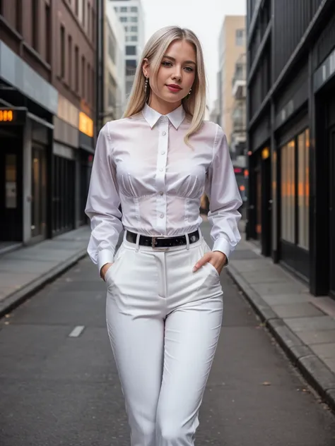 beautiful photograph of a smart looking office lady, solo, outdoors, standing against a midnight city skyline at, street light a...