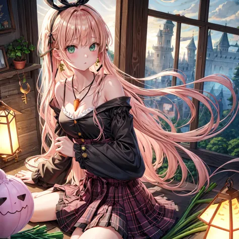 pink blonde、green eyes、one good looking girl、solo、anime、plaid mini skirt、the skirt has buttons、black camisole、black t-shirt、dress、wearing a ribbon、ribbon at waist、cloak、hood、clouds are swirling、stone slabs are piled up、one hand raised、crystal earrings、vege...