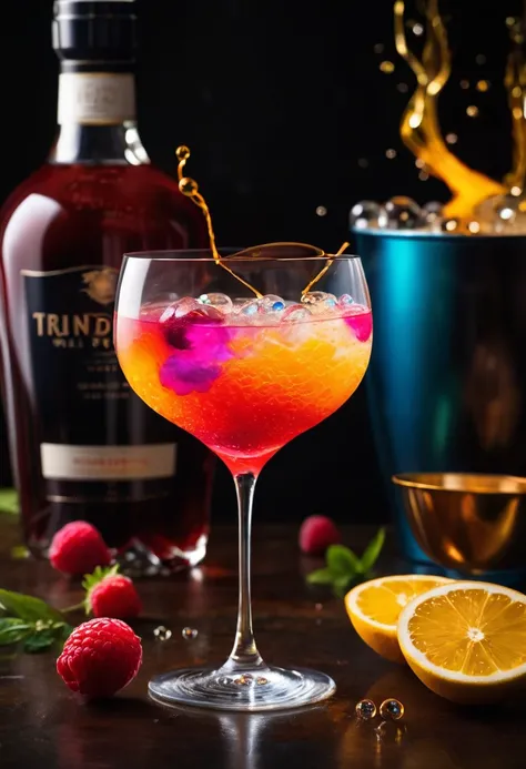 an epic cocktail showcasing a remarkable Tyndall effect, where light refracts through the bubbles and ingredients, creating a dazzling and vibrant visual spectacle