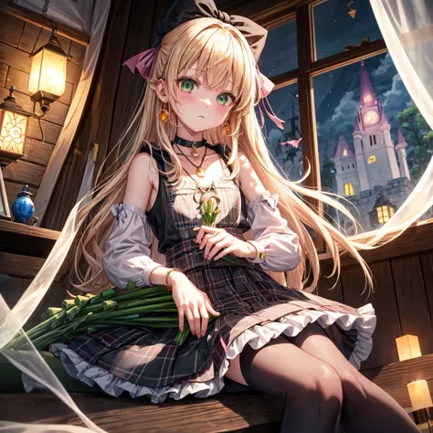 pink blonde、green eyes、one good looking girl、solo、anime、plaid mini skirt、the skirt has buttons、black camisole、black t-shirt、dress、wearing a ribbon、ribbon at waist、cloak、hood、clouds are swirling、stone slabs are piled up、one hand raised、crystal earrings、vege...