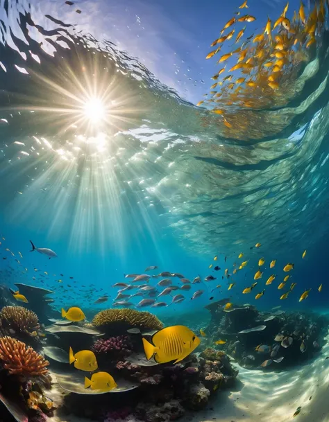 a captivating underwater panorama highlighting marine biodiversity and a striking tyndall effect, where sunlight filters through...