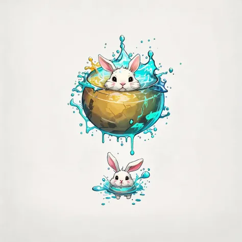 splash art, Cute cute bunny made of liquid liquid, Color paint splatter style, Super detailed complex detailed, Dreamy,intricate details, splash screen, complementary colors, fantasy, concept art, 8k resolution, transgressive masterpiece,