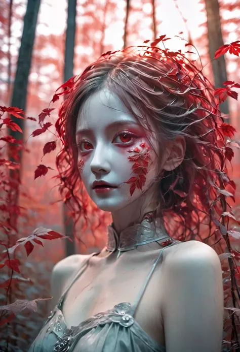 a creepy girl made of dead red plants, in a autumn forest at sundown, high saturation,