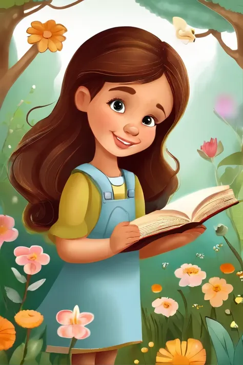 a  who loves to explore, different poses and expressions, with a white background, simple, cute childrens book illustration style. 7 years. colors, medium brown hair finding a book in the garden when touching turns into a fairy