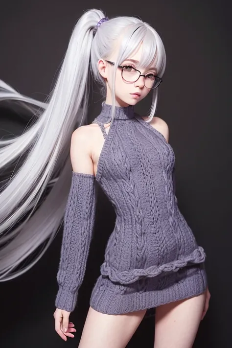 Detailed,8K, detailed shadow, Black background, Cute Girl, pale skin, , Narrow waist, flat chest, Small breasts, Purple eyes, embarrassed, Gray hair, absurdly long hair, Wavy Hair, Ponytail, (Knitted mini dress that kills virgins:1.3), eye glasses,