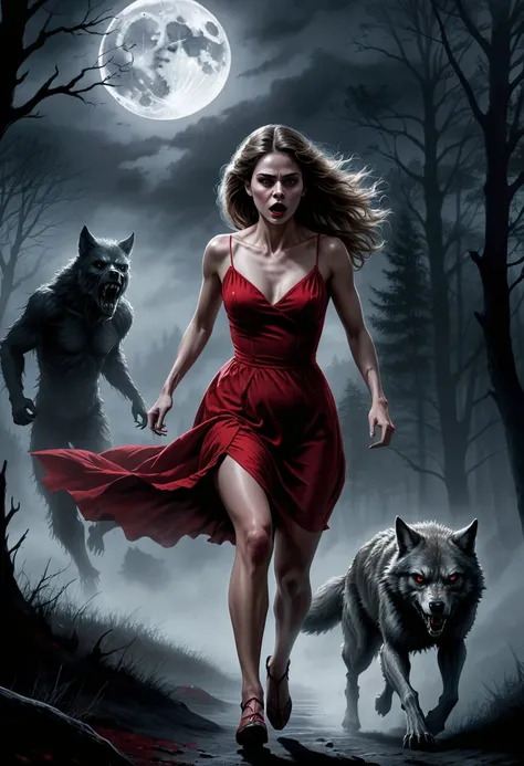 digital drawing, horror movie scene of a beautiful woman in a red dress being stalked in the dark by an wolfman, spooky, terrifying, dark ambiance, misty, 8k, high quality, gray wolfman in the background, intensity, woman looking behind her, running, moonl...