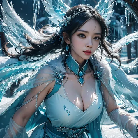 (((1girll)))，（Perfect facial features：1.4），Wearing ancient Chinese hangfu，The upper part of the body，icey，ice wings，Splashed liquid，Wavy liquid，airbubble，standing on water，wave，Blue glow，（Frost wings），(((Powerful ice magic)))，(((Icicles)))，Towering over th...