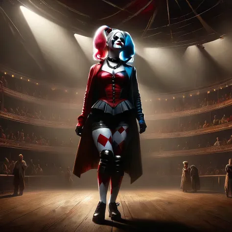 High Resolution, High Quality, Masterpiece. Harley Quinn stands solitary in a circus arena, a single ray of light from the side and above slicing through the dusty, smoky air to accentuate her form, Rembrandt lighting casts dramatic shadows, creating a mix...