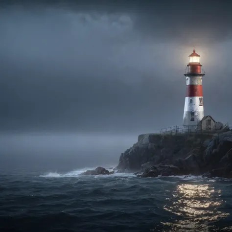 High Resolution, High Quality, Masterpiece. Heavy fog . Night. An almost invisible Lighthouse shines with one ray into the foggy sea.The focus of the photo is on a single ray of light. Hyperrealism. Prize-winner 35awards. 32k resolution, dramatic studio li...