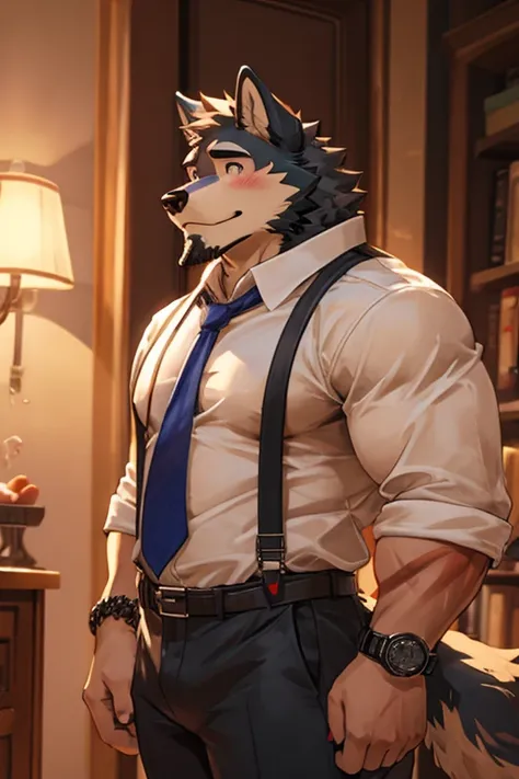 wolf, big muscular, shirt, 1boy, white shirt, upper body, male focus, collared shirt, pants, look to down me, suspenders, pectoral muscles, sleeves rolled up, watch, watch, wolf ears, beard, blush, sweat black and white stripes, collar dog, sweating, happy...