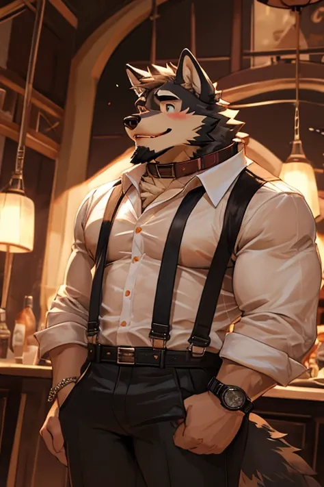 wolf, big muscular, shirt, 1boy, white shirt, upper body, male focus, collared shirt, pants, look to down me, suspenders, pectoral muscles, sleeves rolled up, watch, watch, wolf ears, beard, blush, sweat black and white stripes, collar dog, sweating, happy...