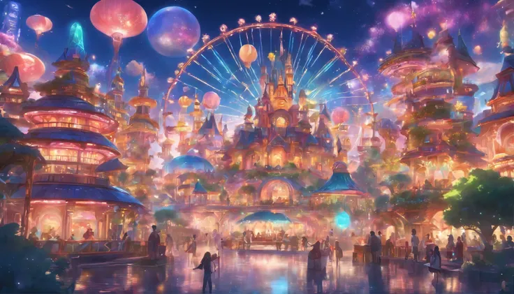 each building is different、It&#39;s unique、advanced machine、Evolved Buildings、Large Ferris wheel，clear sky、clear air、view from the ground、please clean、Bright colors、Reddish、green grass、yellow、there&#39;s pink there、Disneyland of the future、Interesting char...