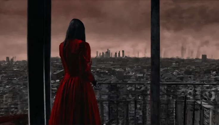 bright red dress、woman from behind、creepy apartment、balcony