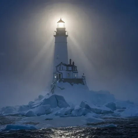 high resolution, high quality, masterpiece. heavy fog . night. the expanding bright beam of the searchlight from the lighthouse ...