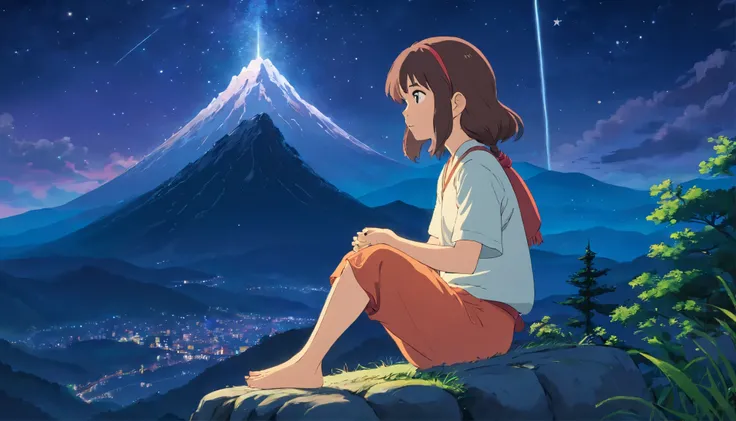 While looking at the starry sky with the mountain top in the background、Girl meditating on Kasu at night