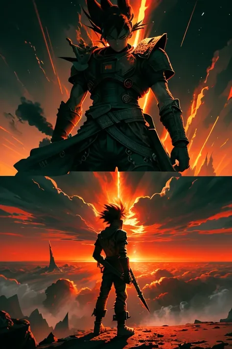 In the heart of a desolate wasteland, Goku stands firm against the formidable Red and Black Sonic, the ground trembling beneath their powerful feet as they exchange unprecedented blows. The fiery sky above casts an ominous glow, its vibrant hues evoking a ...