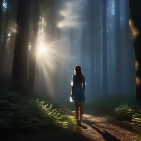 Tyndall Effect, aesthetic, extremely detailed, masterpiece, best quality, Tyndall effect, light beams, 1girl, solo, blue dress, thighhighs, standing, looking up, in forest, trees, sunlight rays, volumetric lighting, cinematic lighting, light rays, light sc...