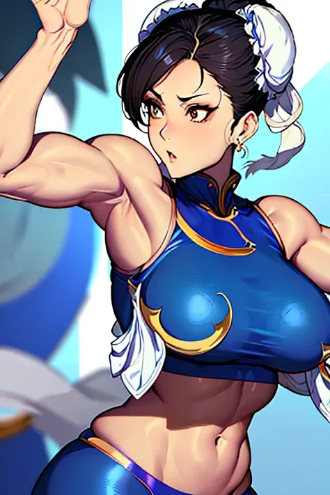 [Chun Li], ultra detailed, 8K resolution, angular view, solo, dressed in a fitted white sports top and blue leggings that hug her slender waist and massive thighs, voluptuous breasts, slim body, defined facial features, close-up on her toned derrière, back...