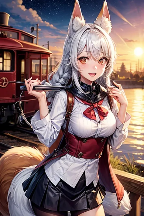 Fox ears, fox tail, girl, steam train in background
