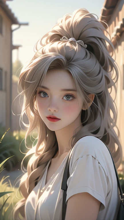 (best quality, 8k: 1.2), super detailed, realistic : 25 ans, fille sur la pelouse, nature, messy hair, cheveux courts, sky light and shadow images net bag