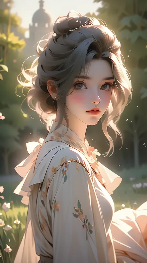 (best quality, 8k: 1.2), super detailed, realistic : 25 ans, fille sur la pelouse, nature, messy hair, cheveux courts, sky light and shadow images net bag