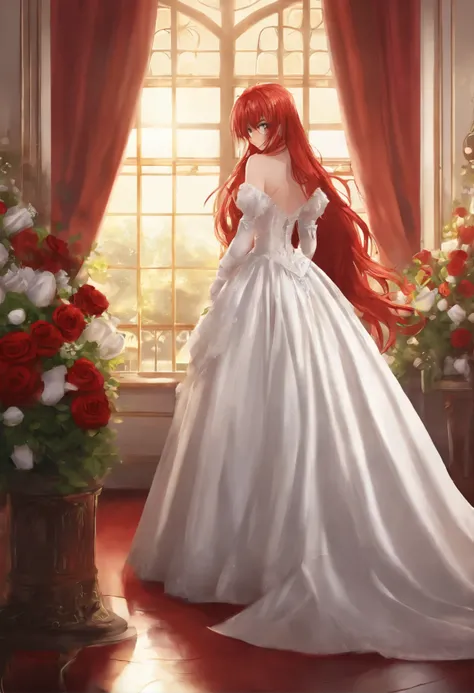 1 girl, masterpiece, High resolution, sonic edge_Rias_Gremory,long red hair, ((Wedding dress, room, bridal lingerie, wedding theme))