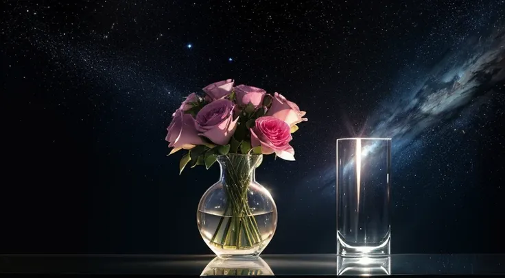 Acrylic and vector paint, realism illustration, vase, artistic composition, stars light, dark background, dry glowing petals, deep atmosphere, space in the vase, transparent glass, bouquet, very detailed, uneven line, masterpiece, silver glow, amazing, ref...