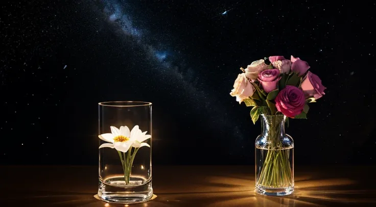 Acrylic and vector paint, realism illustration, vase, artistic composition, stars light, dark background, dry glowing petals, deep atmosphere, space in the vase, transparent glass, bouquet, very detailed, uneven line, masterpiece, silver glow, amazing, ref...