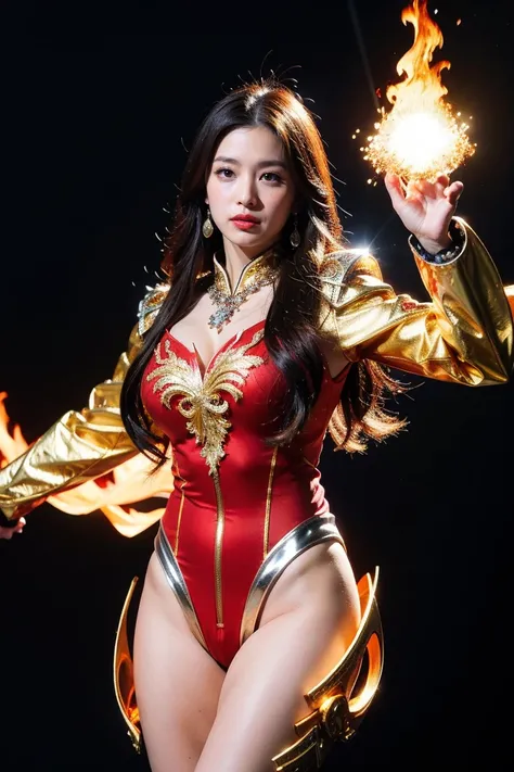 highest quality, masterpiece, realistic, High resolution, 8k RAW写真, 1 girl、long hair、goddess、has a decorated sword、Swing your sword up、((glamor body:1.3))、(Red bodysuit with flame motif、gold edge)、silver pendant、silver earrings、(((action pose)))、(planet wh...