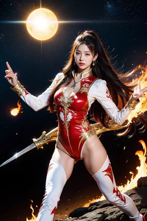 highest quality, masterpiece, realistic, High resolution, 8k RAW写真, 1 girl、long hair、goddess、has a decorated sword、Swing your sword up、((glamor body:1.3))、(Red bodysuit with flame motif、gold edge)、silver pendant、silver earrings、(((action pose)))、(planet wh...