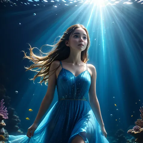 masterpiece, best quality, Tyndall effect, caustics, blue dress, underwater, 1girl, long hair, looking up, light scattering, volumetric lighting, light beams, sun rays, particles, atmosphere, photorealistic, unreal engine 5, cinematic lighting, 8k