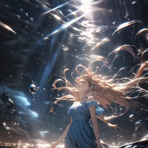 masterpiece, best quality, Tyndall effect, caustics, blue dress, underwater, 1girl, long hair, looking up, light scattering, volumetric lighting, light beams, sun rays, particles, atmosphere, photorealistic, unreal engine 5, cinematic lighting, 8k