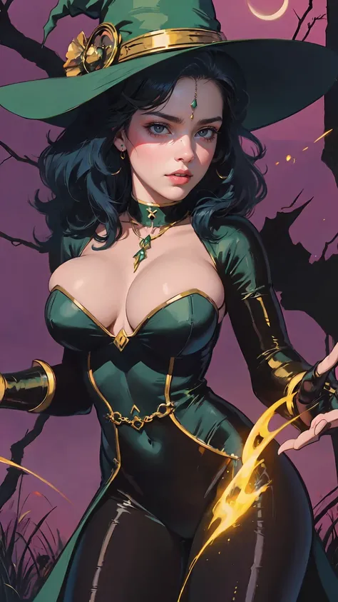 (a sexy witch,green hat,cleavage,halloween),oil painting, vivid colors,masterpiece:1.2,ultra-detailed, intense expression, flowing hair, enchanted forest, glowing moonlight,golden staff,spellbinding, ethereal beauty, dark lipstick,dramatic lighting,eye-cat...