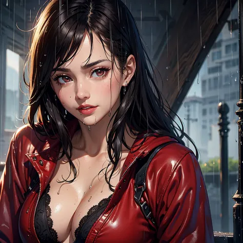 (Best quality, 4K, tmasterpiece :1.Beutiful women, 1 Sister, (, attractive body :1.2), Abs :1.1, dark brown hair: 1.1, (rainy wet, wet from rain, Soaked :1.2), The face very detailed, detailed lips, detailed eyes, double eyelid, red clothing. smirk.