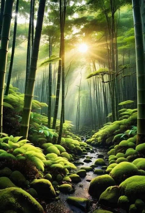 「return to the deep forest，shining on the moss」the afterglow of the setting sun penetrates the dense shade of the bamboo forest，...