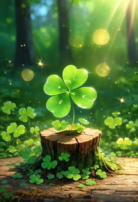 plant growing from tree stump close-up:1.37, four leaf clover,fascinated by nature, background full of lucky 四葉草s, glowing green...