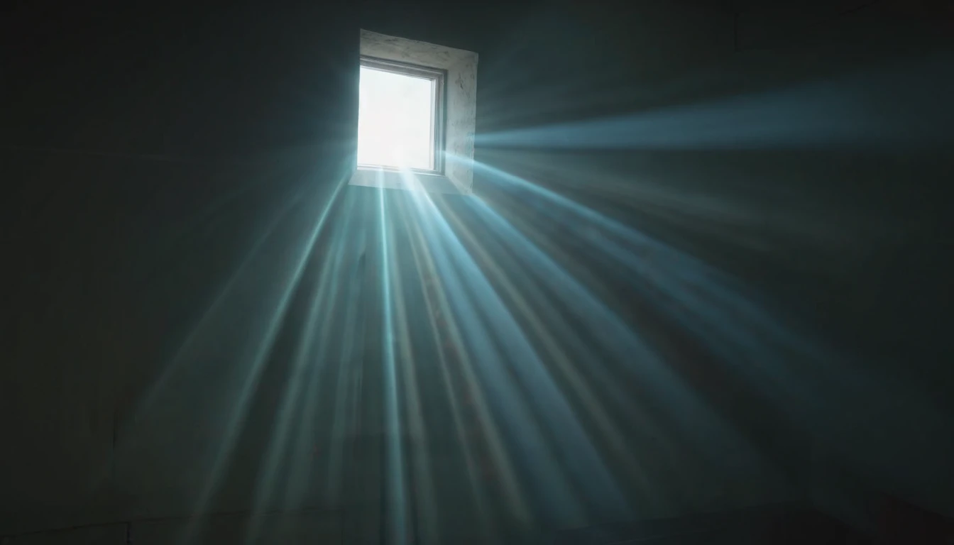 (best quality, highres, realistic:1.37), with vibrant colors and sharp focus.A beam of sunlight passing through a window or a small opening, creating the Tyndall Effect in a dark room.
