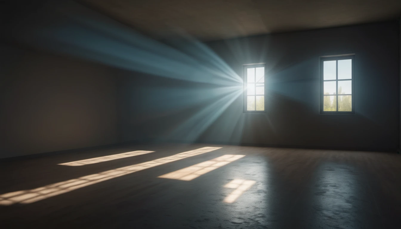 (best quality, highres, realistic:1.37), with vibrant colors and sharp focus.A beam of sunlight passing through a window or a small opening, creating the Tyndall Effect in a dark room.