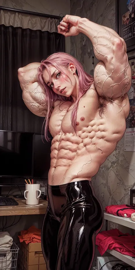 (1 girl), male body, adult, girl face, seductive face, seductive look, long pink hair, perfect muscular body, fulfilled sleeve shirt, super skinny legs, tight latex pants, sissy, (huge muscular arms:1.25),