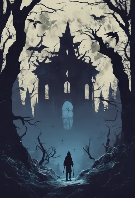 Create a spine-chilling t-shirt design inspired by a haunted path in the midst of a dark and eerie forest. The design should capture the sense of impending danger and mystery that lies within. Incorporate elements like gnarled trees, moonlit shadows, and e...