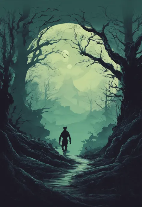 Create a spine-chilling t-shirt design inspired by a haunted path in the midst of a dark and eerie forest. The design should capture the sense of impending danger and mystery that lies within. Incorporate elements like gnarled trees, moonlit shadows, and e...