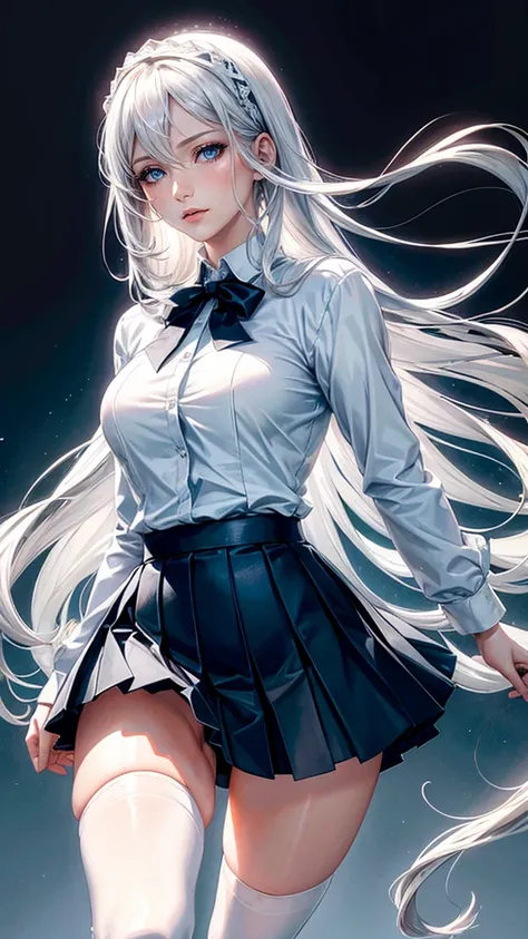 (photorealistic, high resolution, soft lights:1.2), 1 woman, solo, hips up, blue eyes, detailed eye makeup, fair skin, white hair, long flowing hair, neatly styled, school uniform, crisp white shirt, pleated skirt, thigh-high stockings, black shoes, serene...