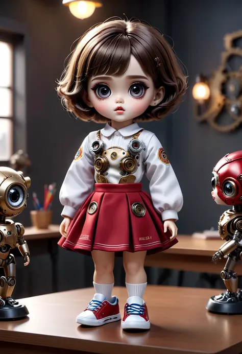 （best quality，4k，masterpiece：1.2），Super detailed，lifelike：1.37，2 cute Mechanical dolls on children&#39;s desk，Emotional communication，interesting action，Ornaments，Possessing human emotions and intelligence，Mechanical dolls，big eyes，dark eye makeup，Dumb，cut...