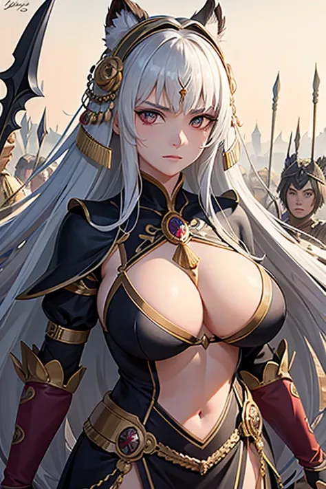 (Highest quality background), Detailed noble eastern fundo, Warrior girl with large, soft eyes, Armed with a meticulously crafted spear, They, An army of monstrous foes, Sexy outfits with deeply detailed decolletages --s2

Imagine a scene of exquisite beau...