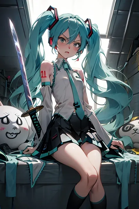 Hatsune Miku, weilding sword, angry