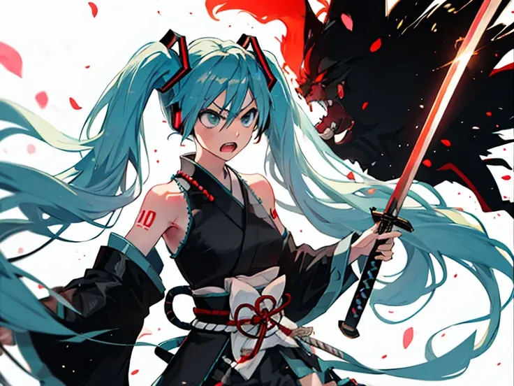 Hatsune Miku, samurai outfit, wielding sword, angry