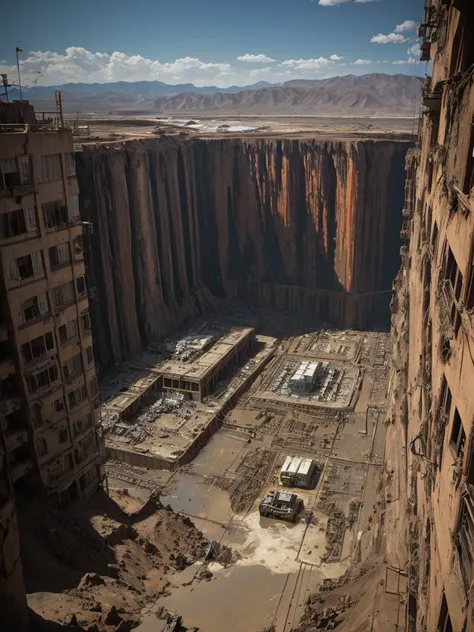 3D rendering of A huge waste mecha is being dragged out by many people from a huge super deep pit, covered with rust and mud, broken body, super many viewers, shocked expression, mud, debris flow, broken, abandoned, background: archaeological deep mud pit,...