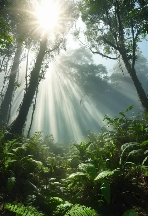 Tyndall effect, Fog in the Amazon forest, The sun shines through the thin mist, 8k ultra high definition style, translucent water, HD photography, silver andgreen, low angle, smooth strokes,