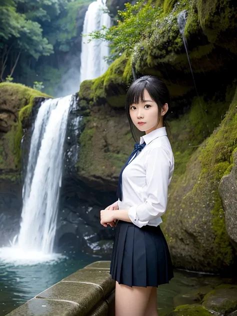 There is a woman in a skirt standing in front of the waterfall, Ren Iwakura, close up Ren Iwakura, Beside the waterfall, Shot with Canon EOS 5D, Its raining, eat and drink, fragrance, Shot with Canon EOS 5D, Shot with Canon eos 5d, Mayuri Shiina, Harumi